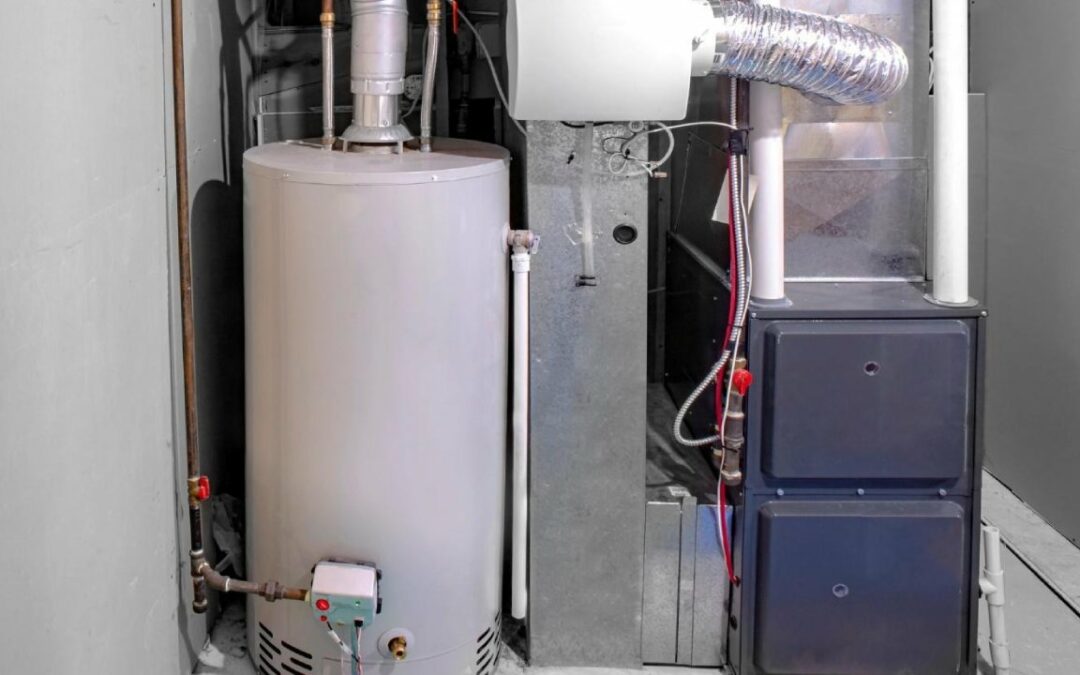A furnace in a basement room